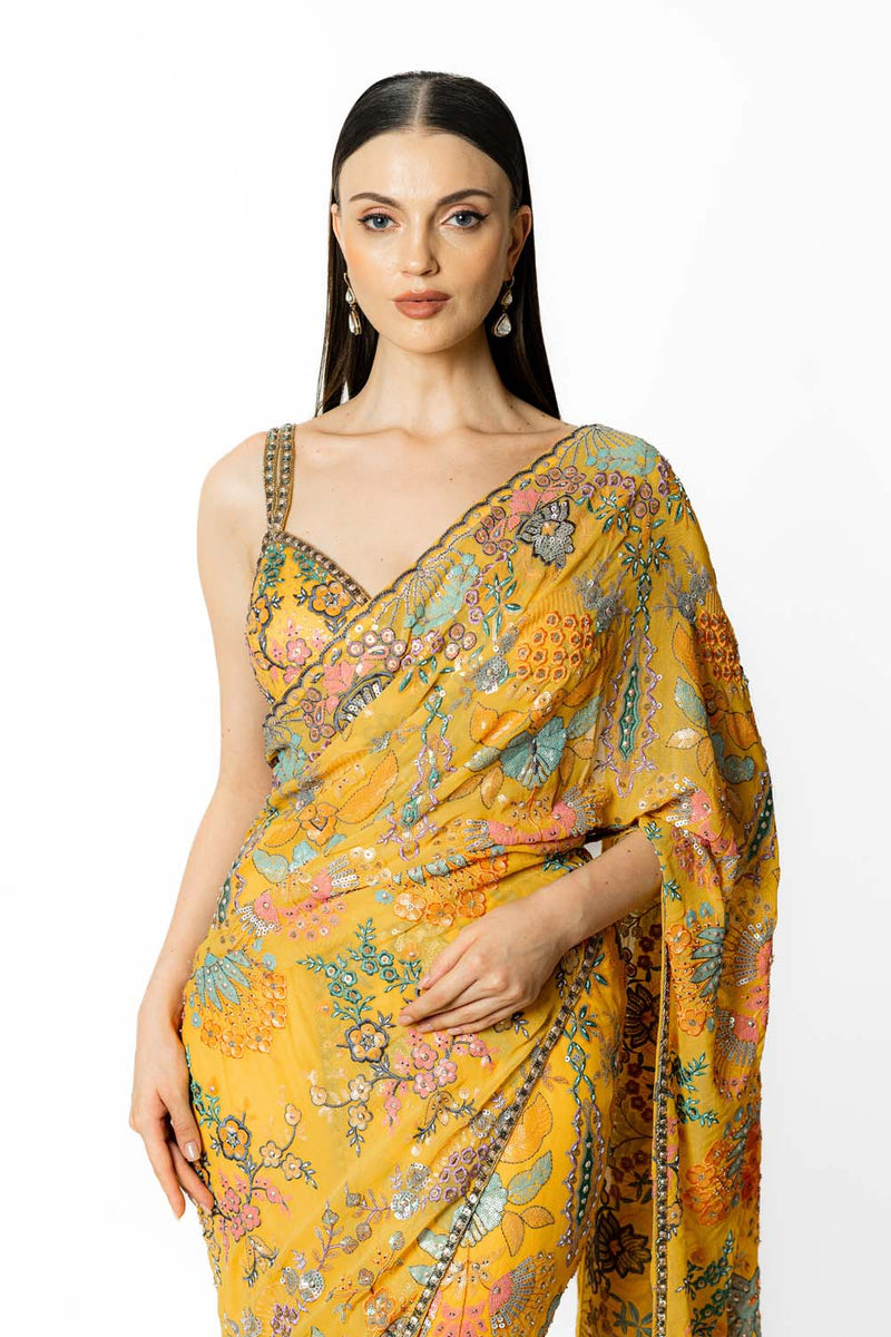 YELLOW MULTI SEQUIN WORK RIKKY LEHENGA SARI SET