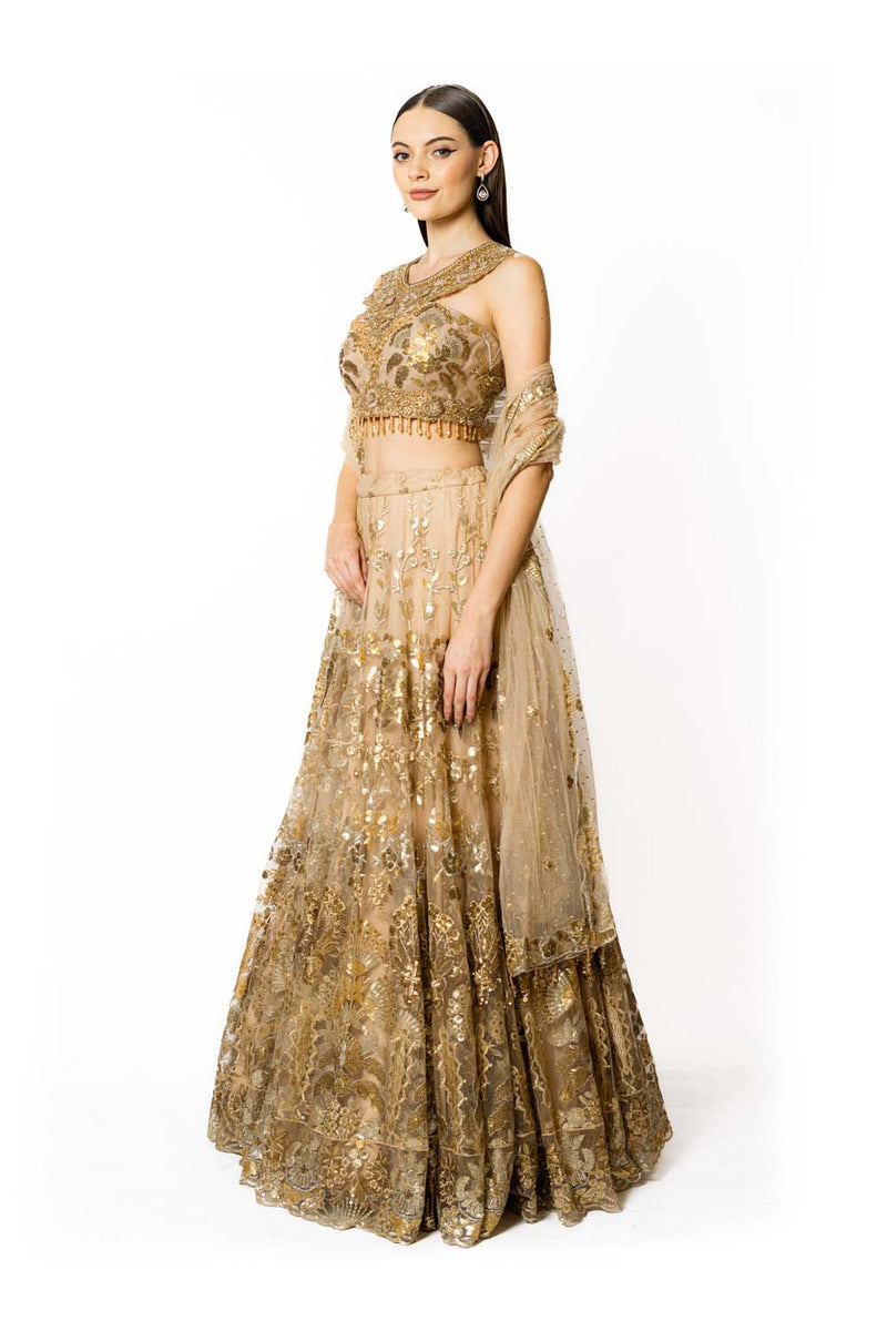 GOLD  NET WITH GOLD NADIA LEHENGA SET