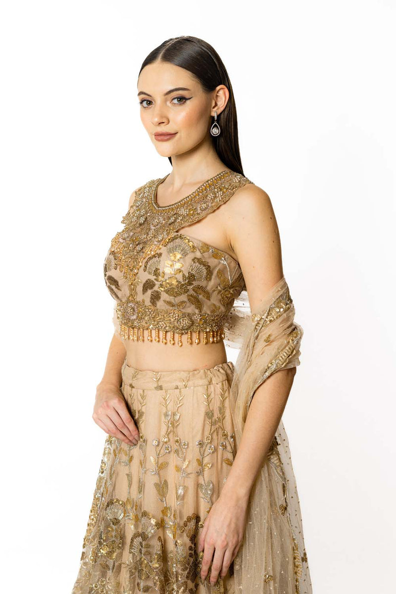 GOLD  NET WITH GOLD NADIA LEHENGA SET