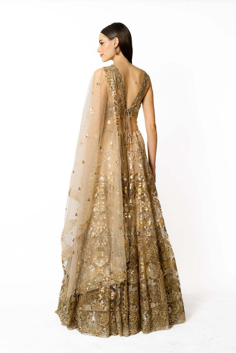 GOLD  NET WITH GOLD NADIA LEHENGA SET