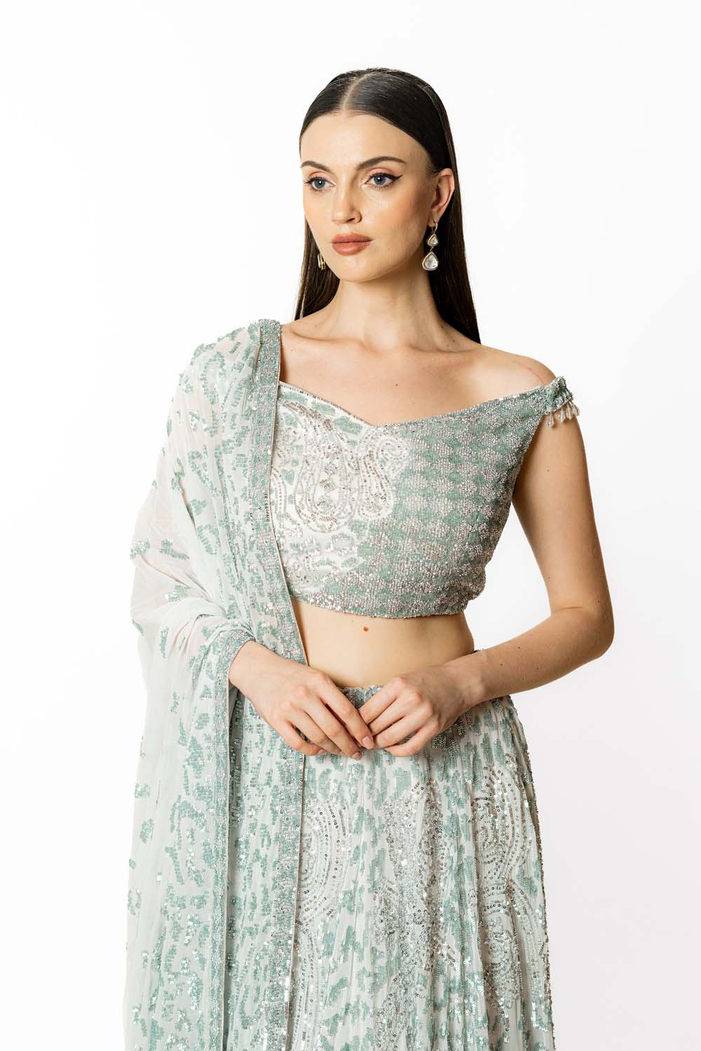 IVORY/ SILVER  GORGETTE NADIA LEHENGA SET