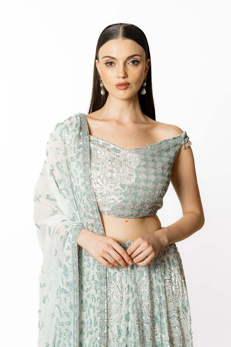 IVORY/ SILVER  GORGETTE NADIA LEHENGA SET