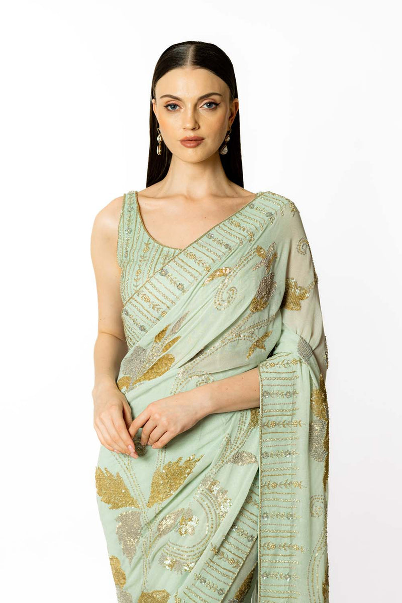 AQUA SHADED IVORY ZAYNAB SARI SET