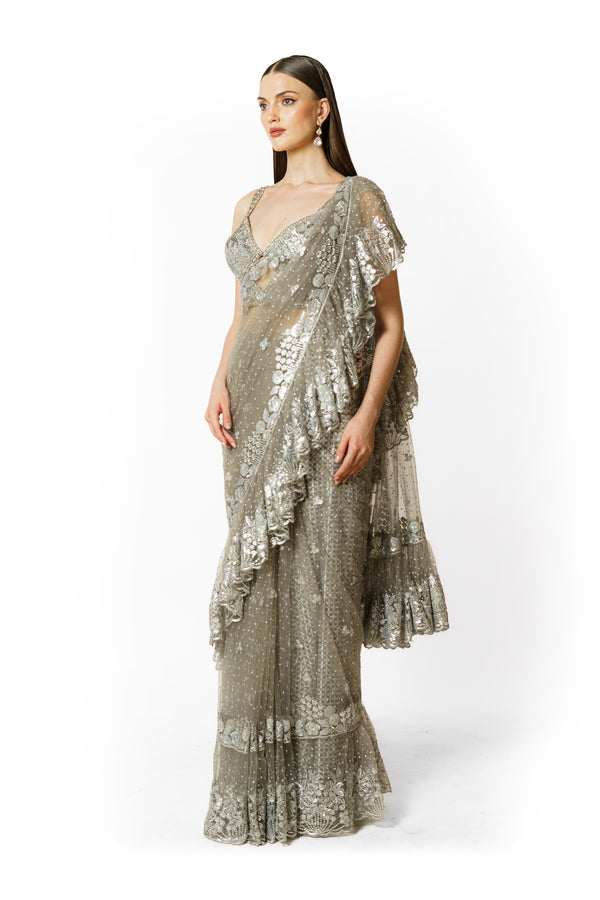 SAIRAA SILVER GREY SARI SET