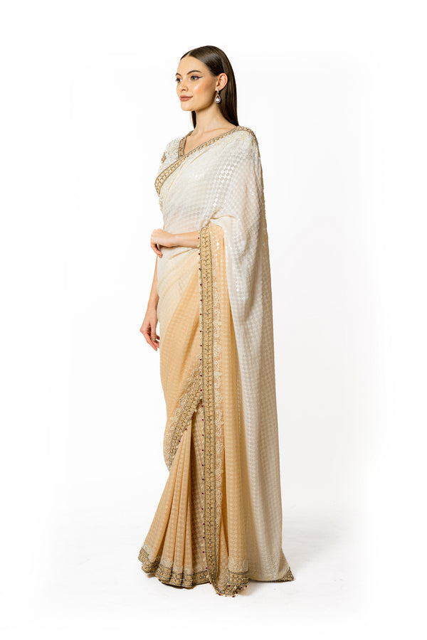 ZAYNAB SHADED IVORY AND BEIGE SARI SET