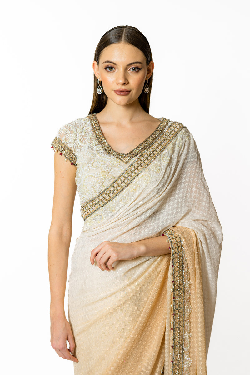 ZAYNAB SHADED IVORY AND BEIGE SARI SET