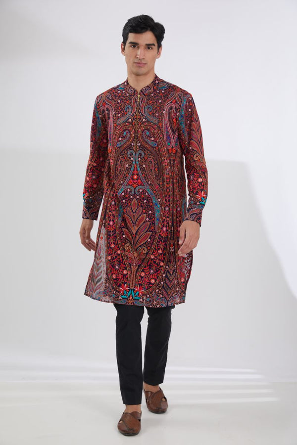 BLACK WAVES LINES SHERWANI WITH MULTI  RESHAM JAAL KURTA AND PANTS