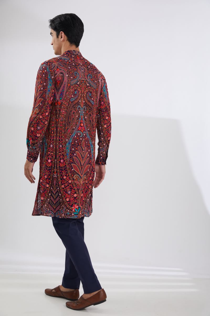 BLACK WAVES LINES SHERWANI WITH MULTI  RESHAM JAAL KURTA AND PANTS