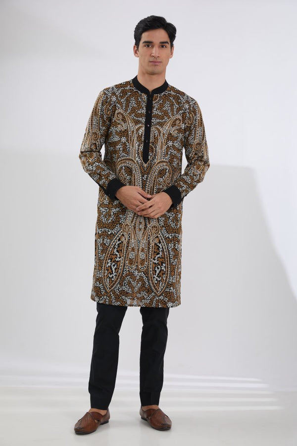BLACK WAVES LINES SHERWANI WITH MULTI RESHAM JAAL KURTA AND PANTS