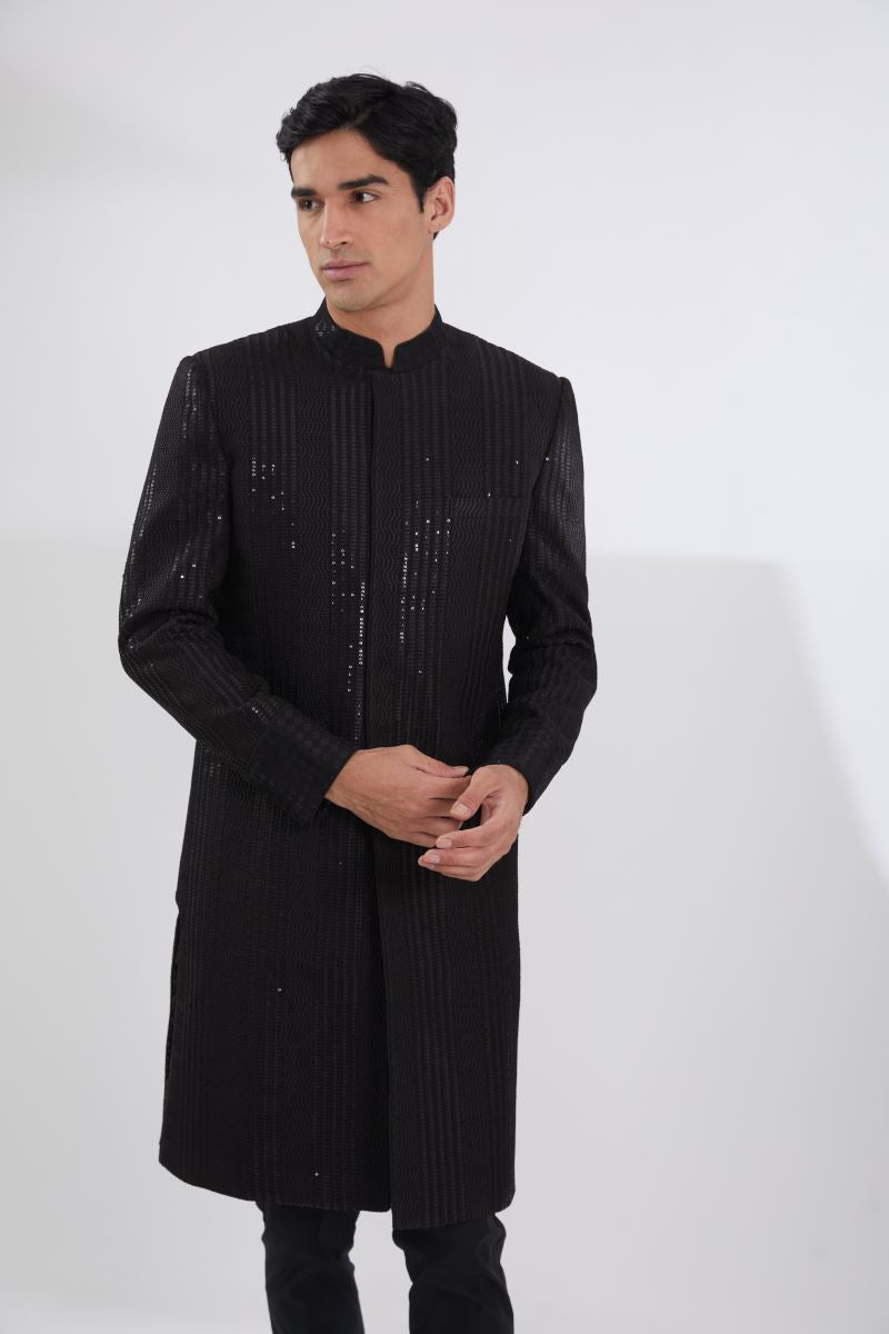 BLACK WAVES LINES SHERWANI WITH MULTI RESHAM JAAL KURTA AND PANTS