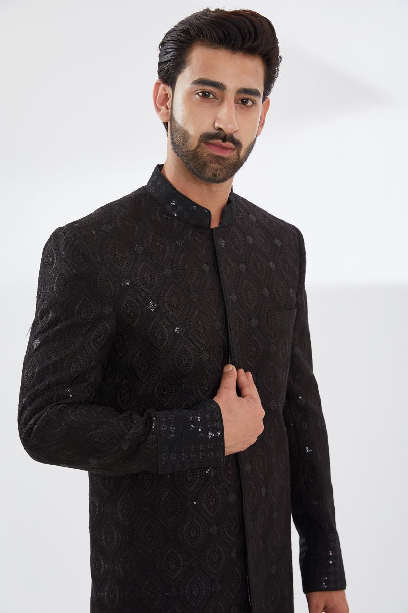 BLACK LEAF DESIGN THREAD WORK SHERWANI WITH BLACK PRINT INTERLING WITH SEQUINS COLLAR AND CUFF