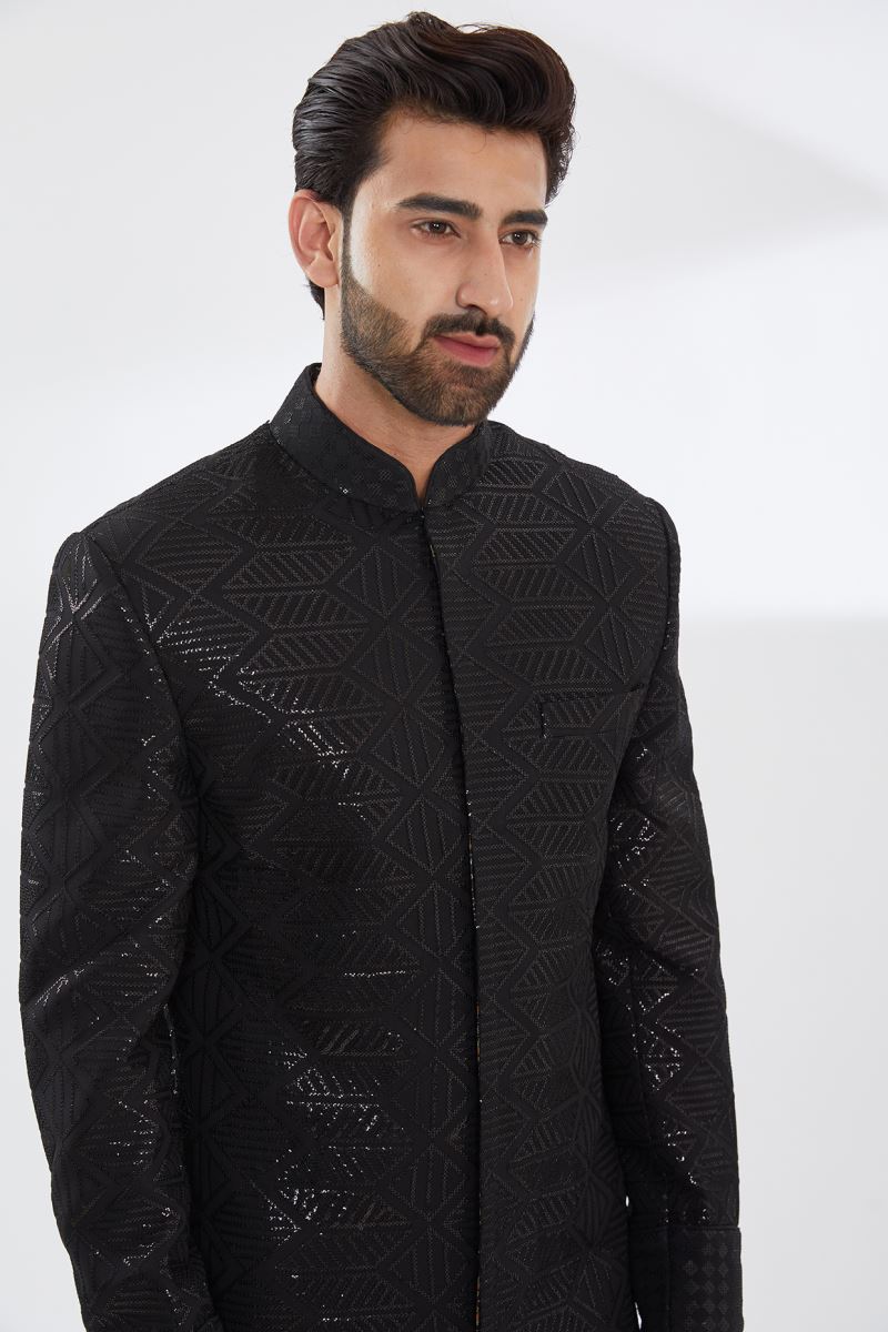BLACK SEQUIN JAAL SHEREWANI WITH BLACK PRINT