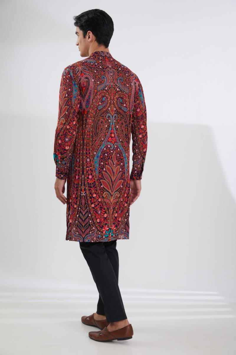 BLACK SEQUINS JAAL SHERWANI WITH MULTI RESHAM JAAL KURTA AND PANTS