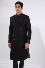 BLACK SEQUINS JAAL SHERWANI WITH MULTI RESHAM JAAL KURTA AND PANTS