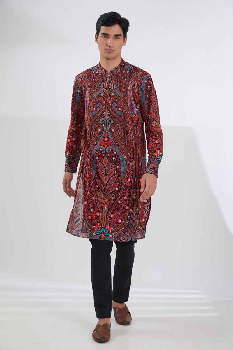 BLACK FULL RESHAM JAAL SHERWANI WITH MULTI RESHAM JAAL KURTA AND PANTS
