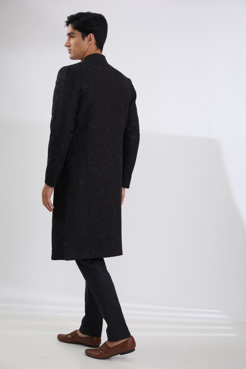 BLACK FULL RESHAM JAAL SHERWANI WITH MULTI RESHAM JAAL KURTA AND PANTS