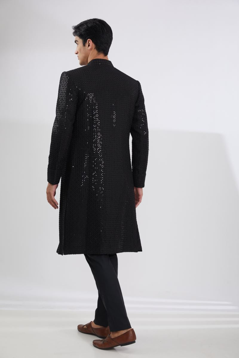 BLACK FULL JAAL SHERWANI WITH MULTI RESHAM JAAL KURTA AND PANTS