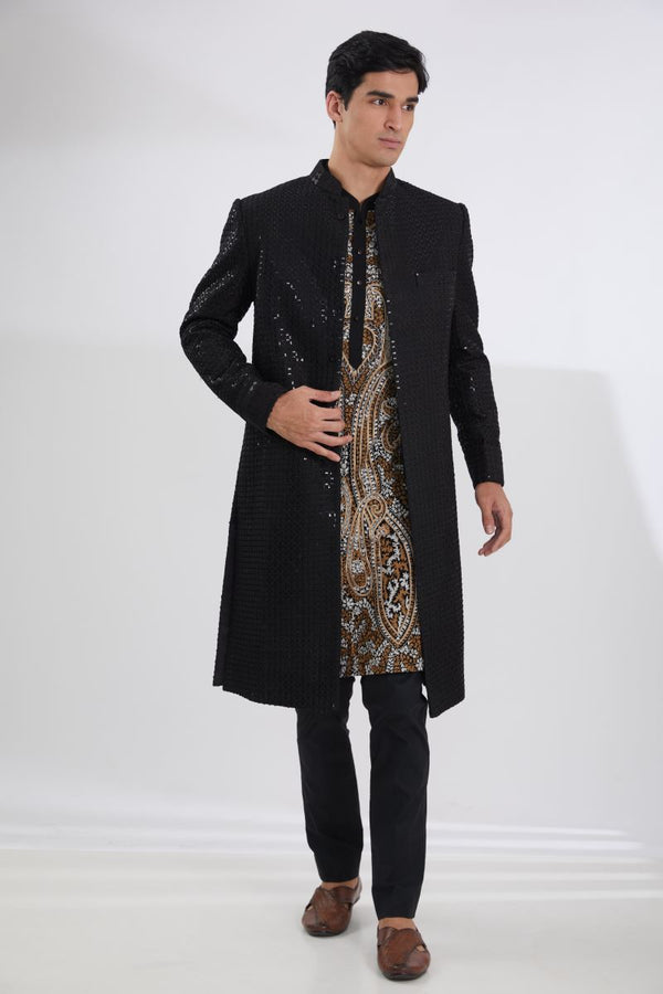 BLACK FULL JAAL SHERWANI  WITH MULTI RESHAM JAAL KURTA AND PANTS