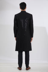 BLACK FULL JAAL SHERWANI  WITH MULTI RESHAM JAAL KURTA AND PANTS