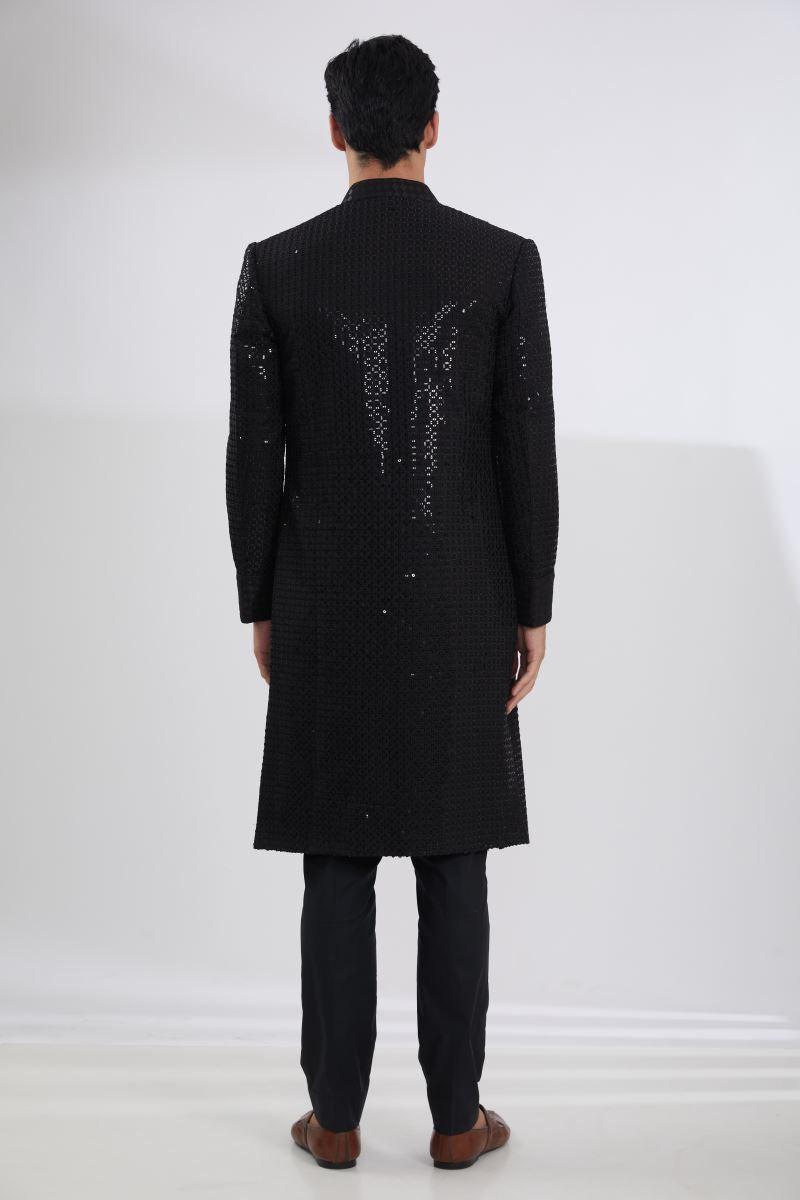BLACK FULL JAAL SHERWANI  WITH MULTI RESHAM JAAL KURTA AND PANTS