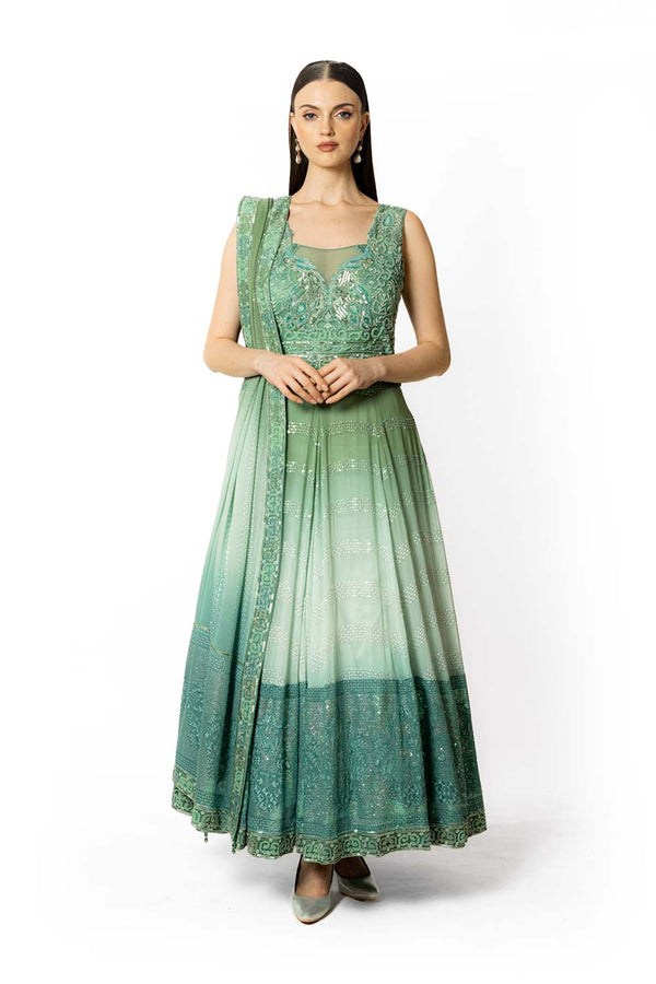 SHADED PEACOCK AND AQUA  ANARKALI SET