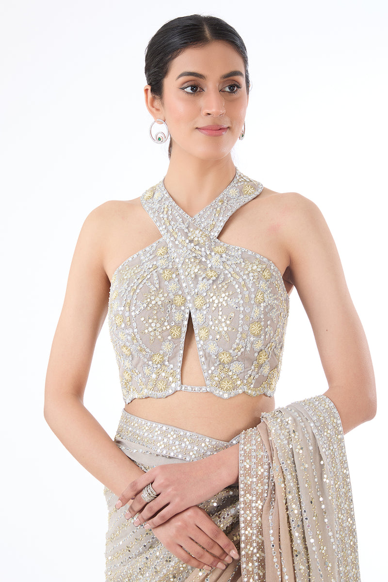 Zaynab grey and gold shaded sari set