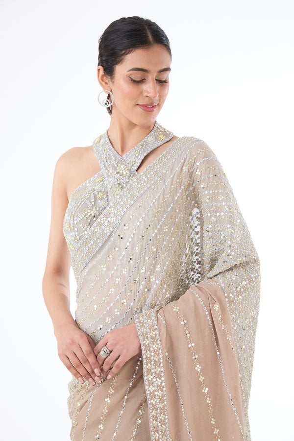 Zaynab grey and gold shaded sari set