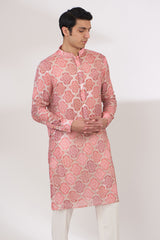 PINK BANDHANI WITH TONAL SEQUIN UNLINED KURTA AND COTTON SILK PANTS