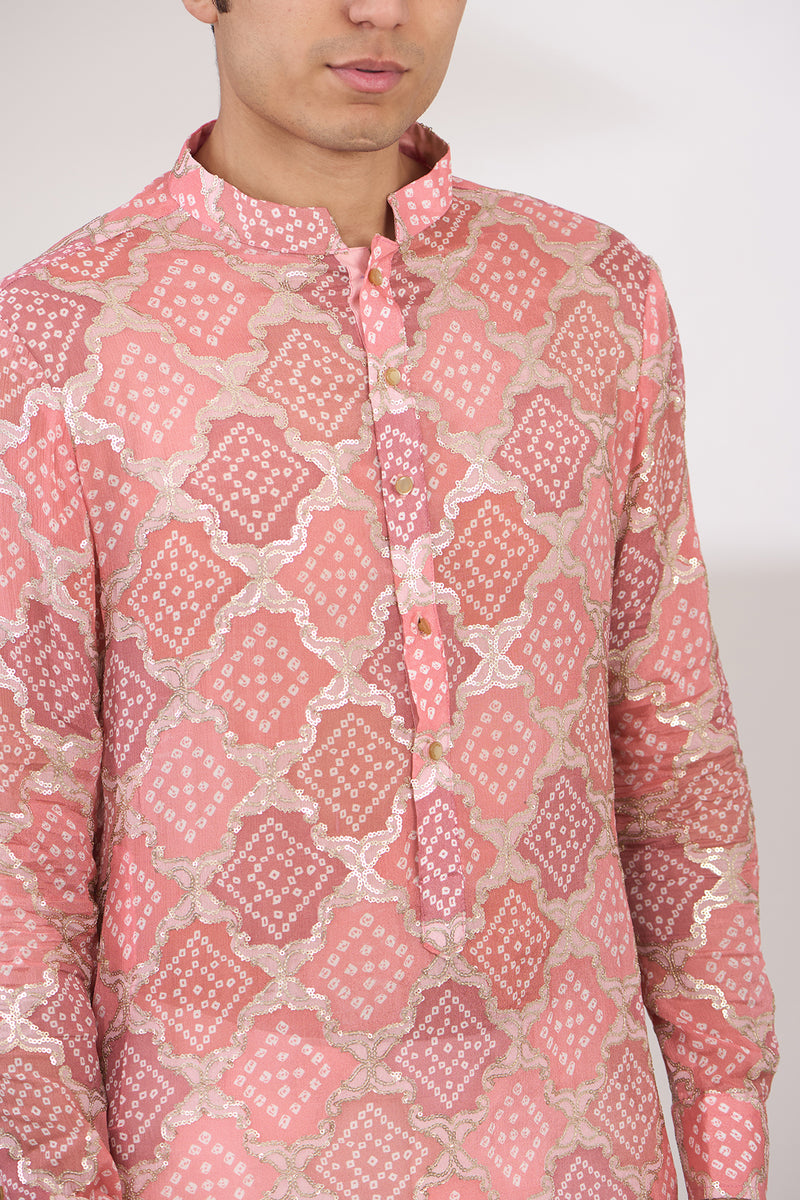 PINK BANDHANI WITH TONAL SEQUIN UNLINED KURTA AND COTTON SILK PANTS