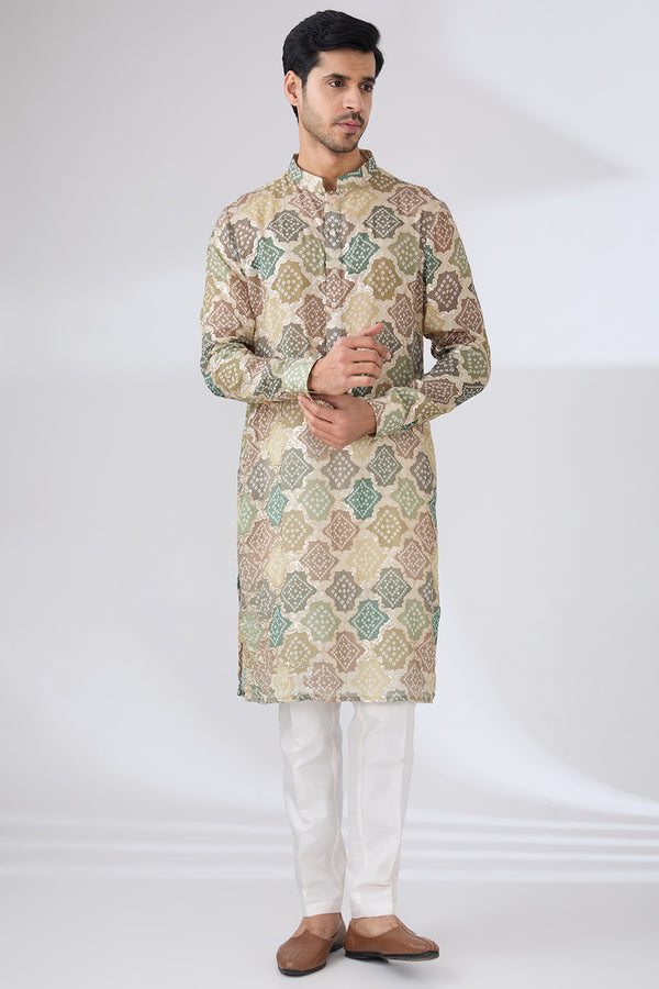 GREEN BANDHANI WITH GOLDEN SEQUINS UNLINED KURTA AND COTTON SILK PANTS