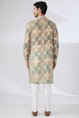 GREEN BANDHANI WITH GOLDEN SEQUINS UNLINED KURTA AND COTTON SILK PANTS
