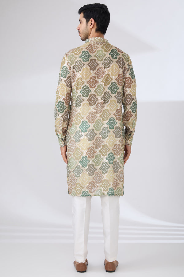 GREEN BANDHANI WITH GOLDEN SEQUINS UNLINED KURTA AND COTTON SILK PANTS