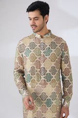 GREEN BANDHANI WITH GOLDEN SEQUINS UNLINED KURTA AND COTTON SILK PANTS