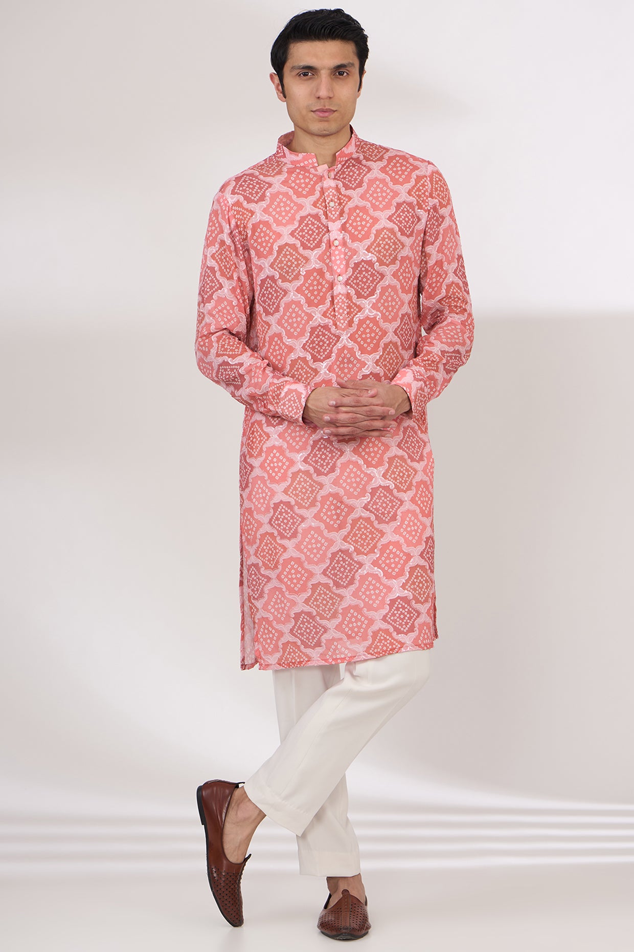 PINK BANDHANI WITH GOLD SEQUINS UNLINED KURTA AND COTTON SILK PANTS