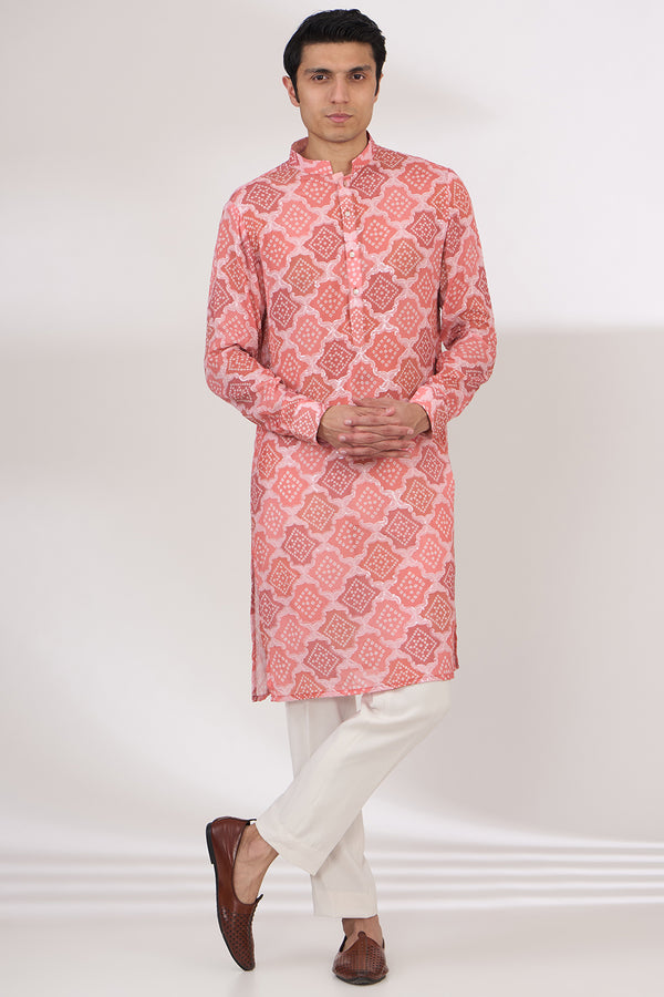 PINK BANDHANI WITH GOLD SEQUINS UNLINED KURTA AND COTTON SILK PANTS