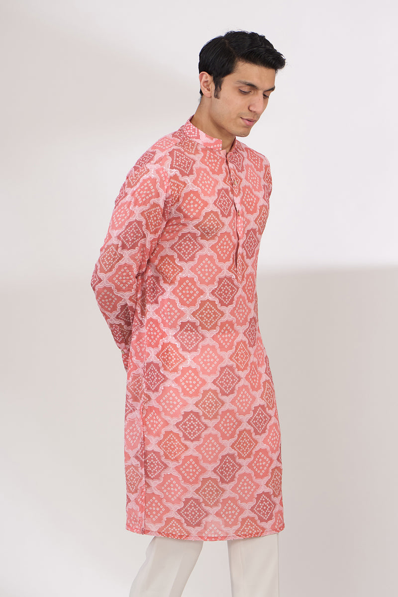 PINK BANDHANI WITH GOLD SEQUINS UNLINED KURTA AND COTTON SILK PANTS