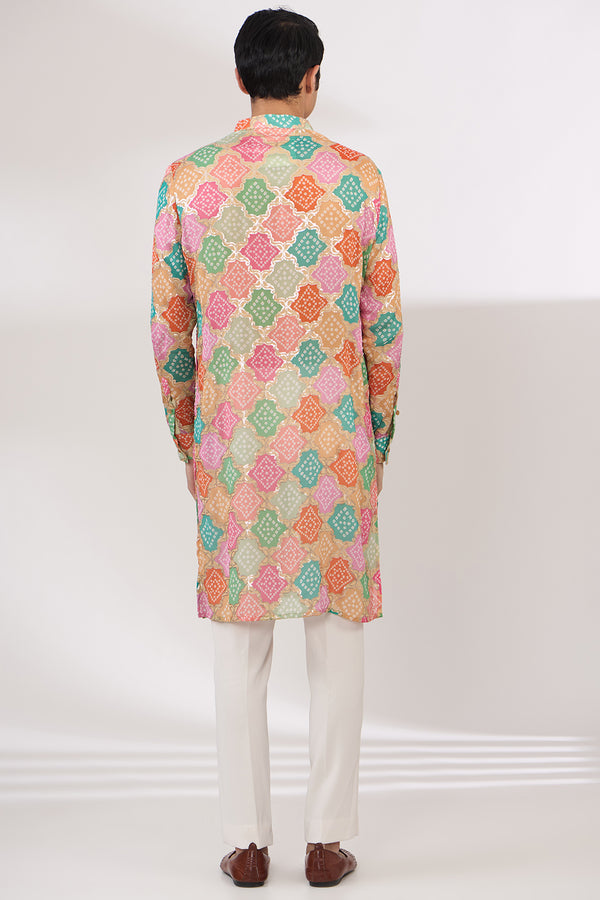 MULTI COLOR BANDHANI WITH GOLD SEQUINS UNLINED KURTA AND COTTON SILK PANTS