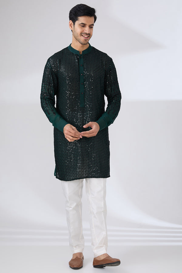 DARK GREEN GEORGETTE UNLINED KURTA FULLY FRONT BLACK EMBROIDERED WITH BACK HALF EMBROIDERED AND PANTS