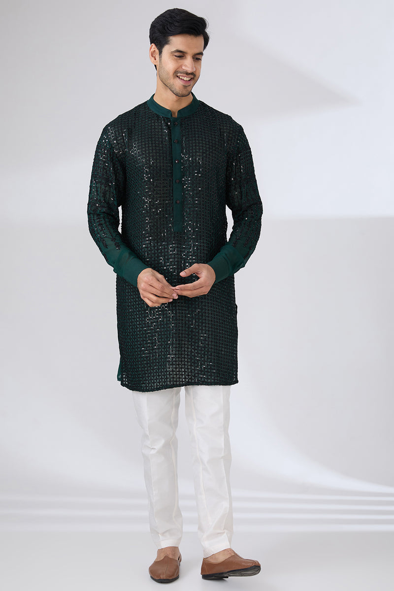 DARK GREEN GEORGETTE UNLINED KURTA FULLY FRONT BLACK EMBROIDERED WITH BACK HALF EMBROIDERED AND PANTS