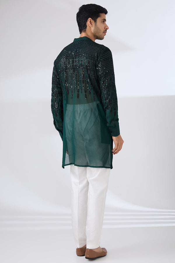 DARK GREEN GEORGETTE UNLINED KURTA FULLY FRONT BLACK EMBROIDERED WITH BACK HALF EMBROIDERED AND PANTS