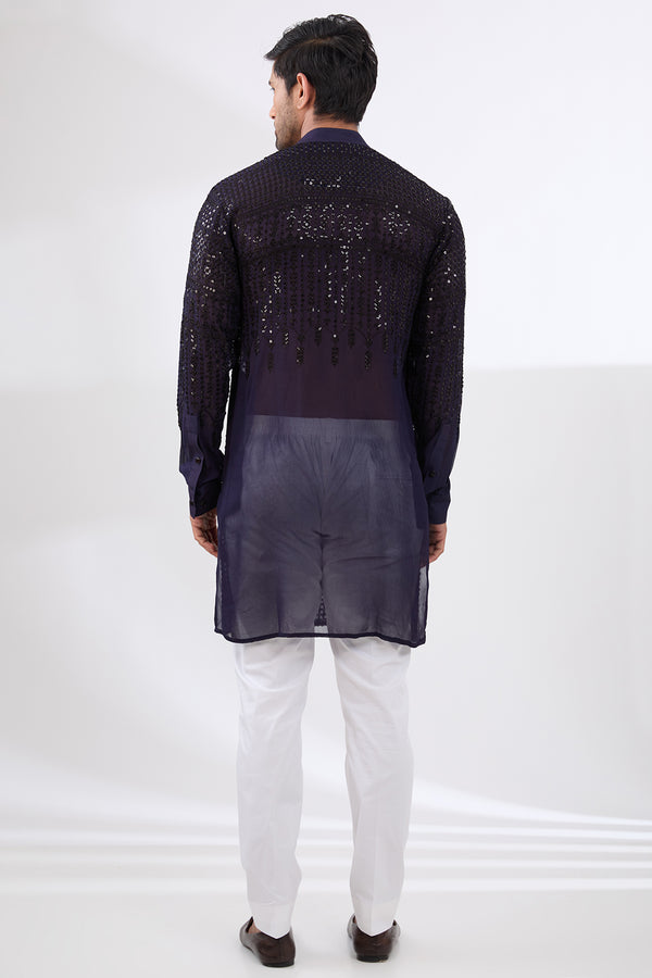 BLUE GEORGETTE UNLINED KURTA FULLY FRONT TONAL EMBROIDERED WITH PANTS