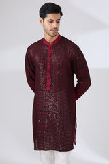 OX BLOOD GEORGETTE UNLINED KURTA FULLY FRONT BLACK EMBROIDERED WITH BACK HALF EMROIDERED AND PANTS