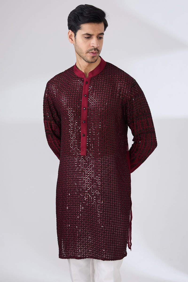OX BLOOD GEORGETTE UNLINED KURTA FULLY FRONT BLACK EMBROIDERED WITH BACK HALF EMROIDERED AND PANTS