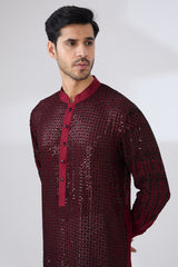 OX BLOOD GEORGETTE UNLINED KURTA FULLY FRONT BLACK EMBROIDERED WITH BACK HALF EMROIDERED AND PANTS