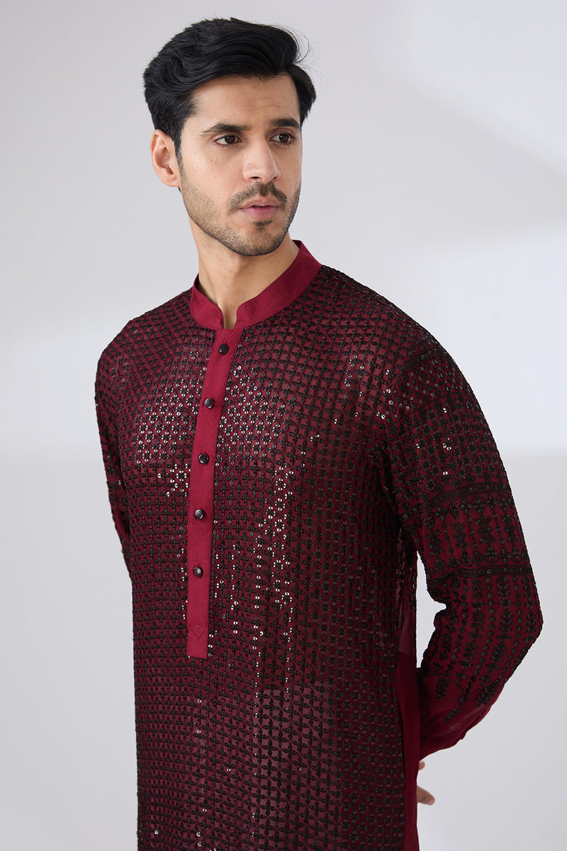 OX BLOOD GEORGETTE UNLINED KURTA FULLY FRONT BLACK EMBROIDERED WITH BACK HALF EMROIDERED AND PANTS
