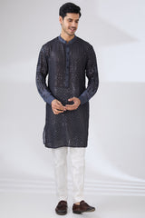 CHARCOAL GREY GEORGETTE UNLINED KURTA FULLY FRONT BLACK EMBROIDERED WITH BACK HALF EMBROIDERED AND PANTS