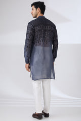 CHARCOAL GREY GEORGETTE UNLINED KURTA FULLY FRONT BLACK EMBROIDERED WITH BACK HALF EMBROIDERED AND PANTS