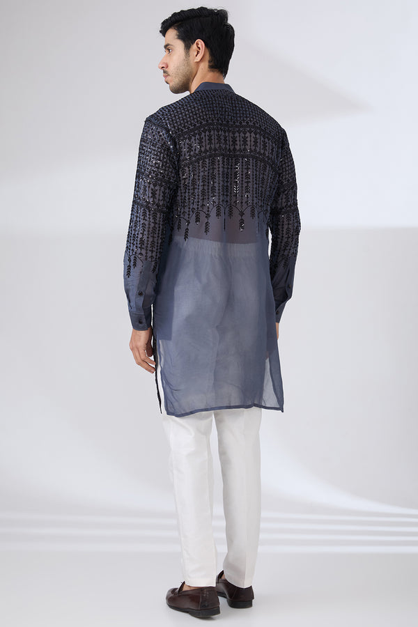 CHARCOAL GREY GEORGETTE UNLINED KURTA FULLY FRONT BLACK EMBROIDERED WITH BACK HALF EMBROIDERED AND PANTS