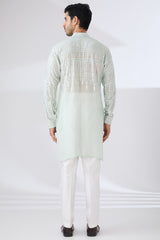 SAGE GREEN GEORGETTE UNLINED KURTA FULLY FRONT TONAL EMBROIDERED WITH BACK HALF EMBROIDERED AND PANTS