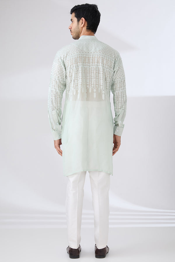 SAGE GREEN GEORGETTE UNLINED KURTA FULLY FRONT TONAL EMBROIDERED WITH BACK HALF EMBROIDERED AND PANTS